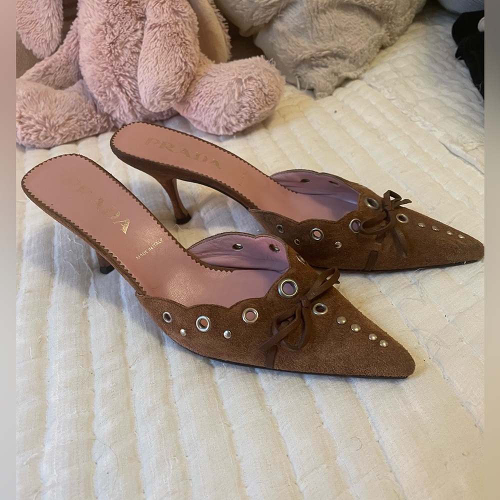 Suede Prada Kitten heels with metal grommets + leather bow